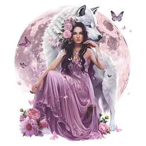 Artistic wall sticker of elegant woman with white wolf under purple full moon and butterflies