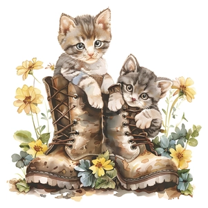 Creative sunflower toilet wall sticker featuring cute kittens in vintage brown boots decor
