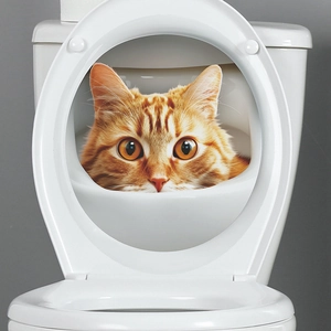 Creative 3D wall sticker featuring an orange tabby cat peeking from a white toilet lid