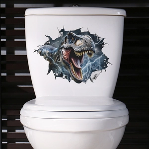 3D T-Rex wall sticker for toilet decor with realistic broken wall and lightning effect