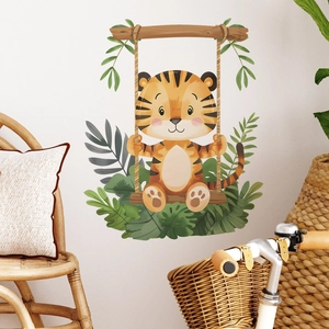Cartoon Tiger Swinging On Tree Wall Stickers Tropical Leaves Animal Removable PVC Decals For Kids Bedroom Living Room Home Decor