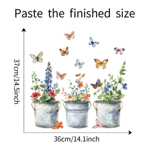 Maattabel voor statische raamstickers met bloempot en vlinders in aquarel