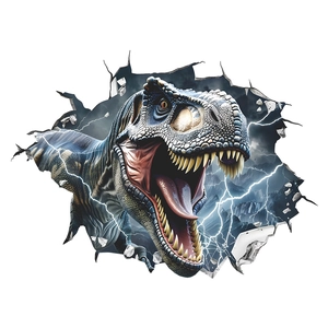 3D T-Rex wall sticker bursting through a broken wall with a lightning background