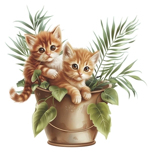Detail of cartoon cats in a metal bucket with green ivy leaves wall sticker decor