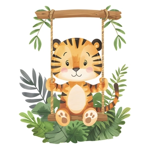 Cartoon tiger on swing wall decal for kids bedroom with tropical green leaves design