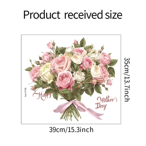 Detailed size specifications for Mother's Day floral wall sticker showing 39cm by 35cm dimensions