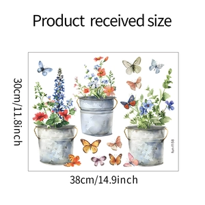 Detailweergave van de aquarel bloemenemmer en vlinder raamstickers met de afmetingen