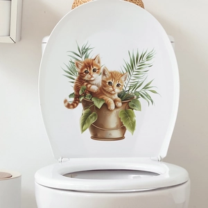 Cute orange kittens with green leaves and flower pot self-adhesive bathroom toilet sticker