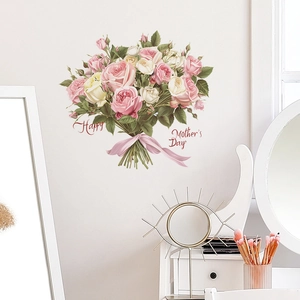 Floral wall sticker with pink roses and Happy Mother's Day text for home wall decor