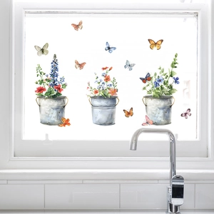 Statische raamfolie met vintage bloempotten en kleurrijke vlinders voor glasdecoratie
