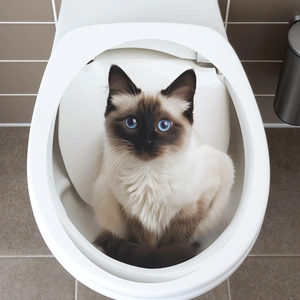 Siamese cat peeping from white toilet bowl with realistic 3D animal sticker detail