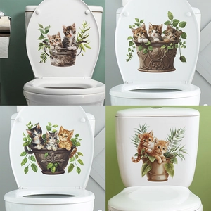 Cartoon Cat Green Plant Toilet Lid Sticker Waterproof PVC Bathroom Decoration Decal For Toilet Cover Home Decor