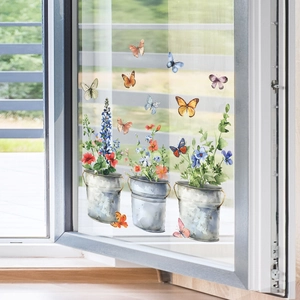 Vensterstickers met vintage metalen emmers, wilde bloemen en kleurrijke vlinders decor