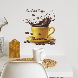 Adesivo murale tazza di caffè giallo con scritta But First Coffee per decoro casa
