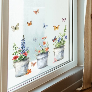 Aquarel bloempotten en vlinders statische raamstickers voor glasdecoratie in huis