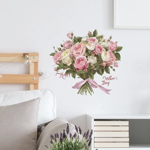 Happy Mother's Day wall sticker with pink rose bouquet for bedroom and living room decor