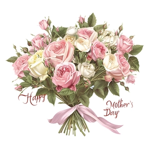 Floral wall sticker featuring pink and white Mother's Day rose bouquet with ribbon