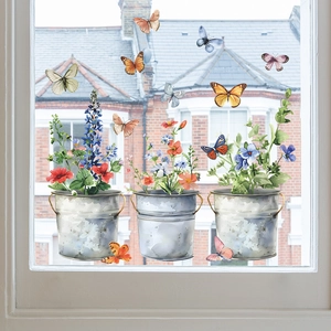 Aquarel Bloem IJzeren Emmer Vlinder Vensterstickers UV Statisch PVC Glazen Deur Decor Potplanten Floral Huis Stickers