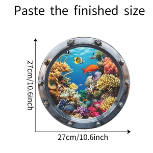 Detail view of 27cm underwater world toilet sticker with 3D porthole fish design