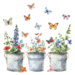 Aquarel muurstickers met vintage metalen emmers, kleurrijke bloemen en vlinders
