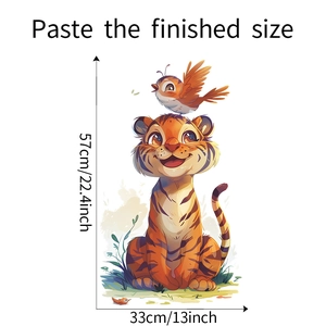 Detail view of cartoon tiger and bird wall sticker with 57x33cm dimensions shown