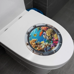 Waterproof submarine window toilet decal featuring tropical fish and coral reef scene