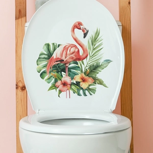Sticker décoratif pour abattant de WC avec flamant rose tropical et feuilles de monstera