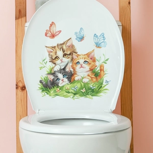 Cute cartoon cats and butterflies waterproof decorative sticker for toilet lid cover
