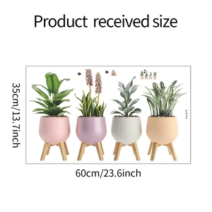Detail view of 60x35cm creative potted green plant wall stickers with macaron color pots