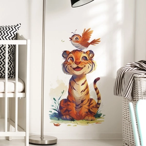 Cute Cartoon Tiger Bird Wall Stickers For Kids Room Nursery Decor Removable PVC Hand Painted Animal Wall Decals For Bedroom