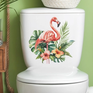 Sticker Toilettes Feuilles Flamant Tropical Imperméable PVC Décalcomanie Salle de Bain Flamant Rose Feuille Monstera Décor Maison