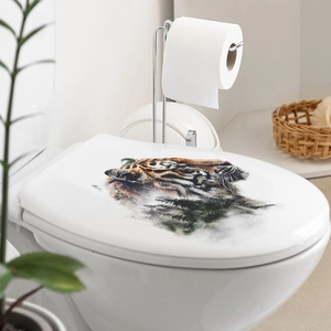 Cartoon tiger forest silhouette wall sticker on a white toilet lid for bathroom decor