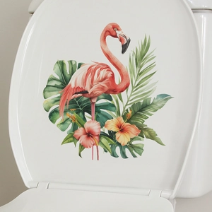 Sticker de toilette tropical flamant rose et feuilles de monstera pour décoration