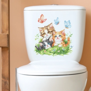 Cute cartoon cats and butterflies toilet lid wall sticker for home decoration