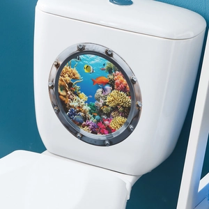 Underwater submarine porthole toilet sticker with coral reef and tropical fish