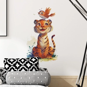 Detailed close-up of cartoon tiger and bird wall sticker in a modern living room