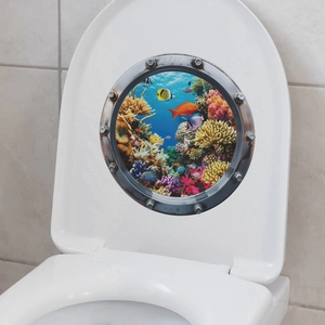 3D submarine porthole toilet decal featuring colorful coral reef and tropical fish scenery