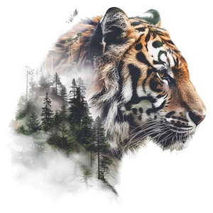 Artistic double exposure tiger sticker featuring a misty forest silhouette design