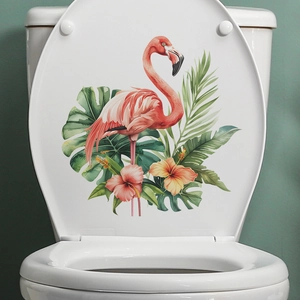 Sticker tropical flamant rose et feuilles de monstera sur couvercle de WC en céramique
