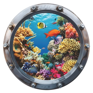 3D ocean world coral reef and tropical fish wall sticker in silver porthole frame