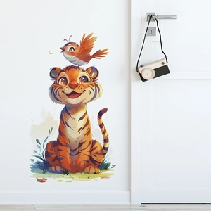 Cartoon tiger and bird wall sticker set for warm nursery decor on a white background