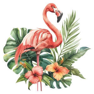 Sticker mural flamant tropical avec feuilles de monstera et hibiscus pour salle de bain