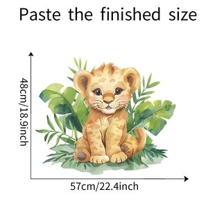 Detailed view of watercolor cartoon lion cub wall sticker with tropical leaves