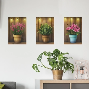 Three-piece set of wall stickers featuring green plants and flowers on vintage wood panels