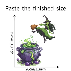 Detailed dimension guide for Halloween witch and magic potion bottle toilet wall stickers