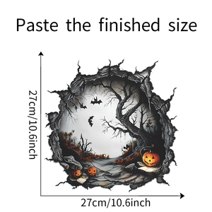 3D Halloween wall sticker showing a broken wall effect with bats, dry tree and pumpkin