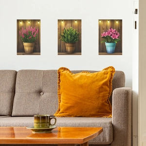 Detailed view of 3-piece wall stickers featuring potted lavender and lilies on wood texture