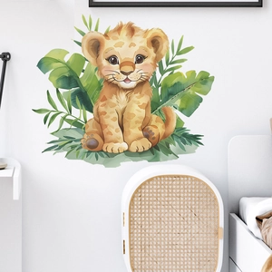 Detail of watercolor cartoon tiger wall sticker with green tropical palm leaves