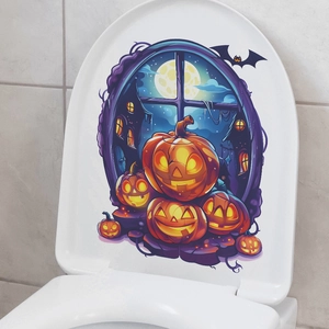 Sticker pour couvercle de WC Halloween avec citrouilles lumineuses et château hanté de nuit