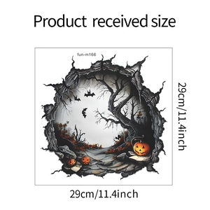 3D Halloween wall decal size detail showing bats, dead trees, and pumpkin 29cm x 29cm